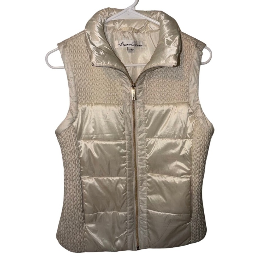 Kenneth Cole New York Womens Cream Puffer Vest Knit Side Panels Small